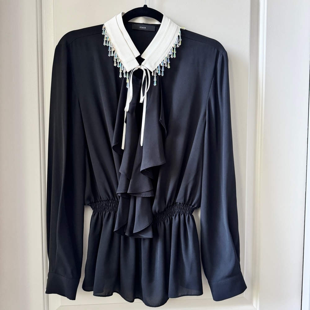 Roman Black Blouse with Beaded Collar
